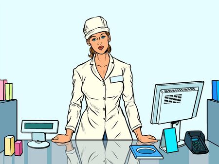 The woman pharmacist. Working in a pharmacy. Medicine salesのイラスト素材