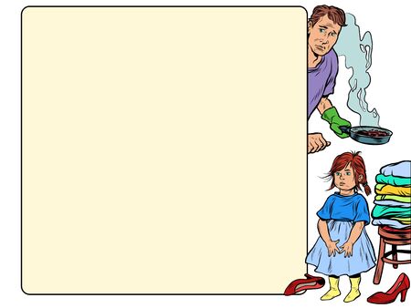 the father sits with children and cooks, the man is a householderのイラスト素材