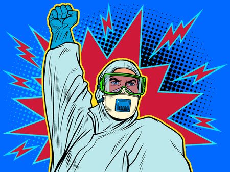 A doctor in a full protection suit. Resistance gesture. Epidemic coronavirus covid19のイラスト素材