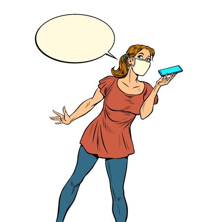a woman in a medical mask speaks on the phoneのイラスト素材