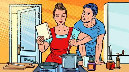 Husband and wife cook in the kitchenのイラスト素材
