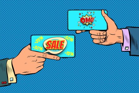 discounts online trade sale business online communication smartphone. Pop art retro vector illustration kitsch vintage 50s 60s styleのイラスト素材