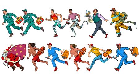 A set of collection business services. Rescue repairman Santa firefighter athlete disabled courier. Pop art retro vector illustration kitsch vintage 50s 60sのイラスト素材
