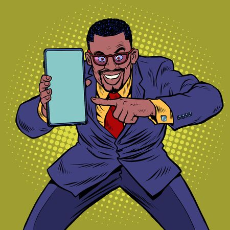 african businessman shows on smartphone. Mobile technologies and new gadgetsのイラスト素材