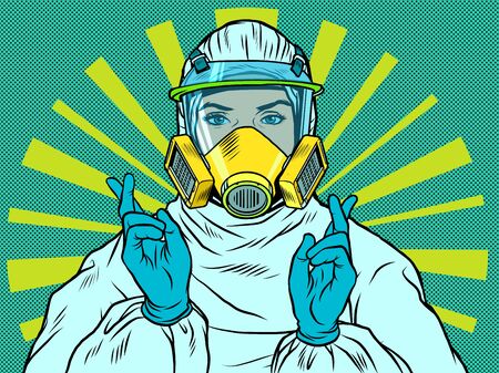 Female doctor in a protective suit. Gesture lies fingers cross-stitchのイラスト素材