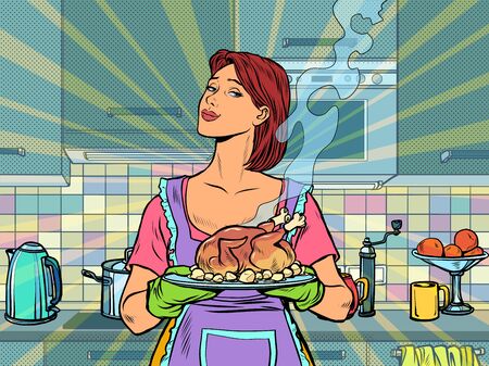 Woman with ready fried poultry chicken duckのイラスト素材