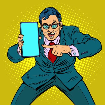 businessman shows on smartphone. Mobile technologies and new gadgetsのイラスト素材