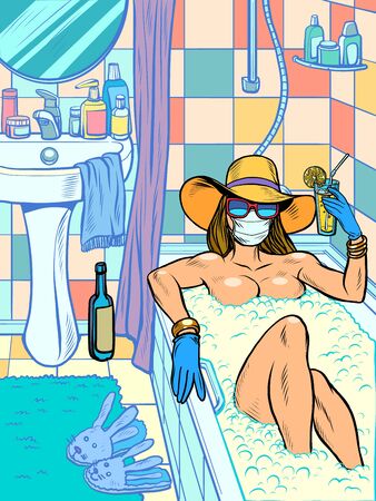a woman takes a bath. epidemic quarantine, medical face mask. Pop art retro vector illustration vitch vintage 50s 60s styleのイラスト素材