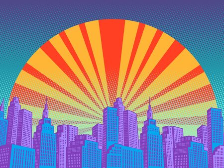 modern city with skyscrapers, sunrise. Pop art retro vector illustration vitch vintage 50s 60s styleのイラスト素材