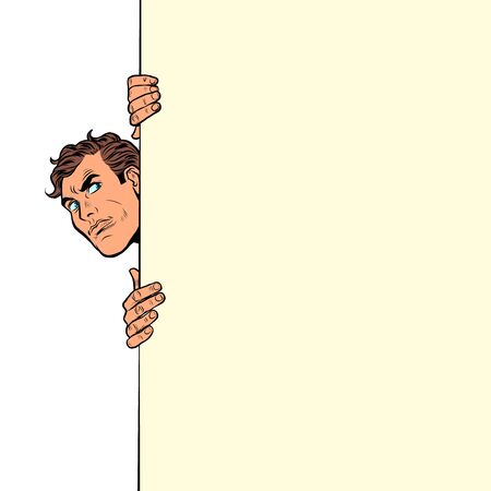 The man looks out curiously. Poster advertising announcement. Pop art retro vector illustration kitsch vintage 50s 60s styleのイラスト素材