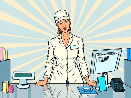 The woman pharmacist. Working in a pharmacy. Medicine sales. Pop art retro vector illustration 50s 60s styleのイラスト素材