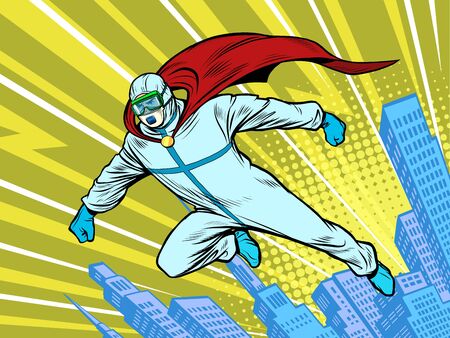 superhero doctor man protects the city in protective suit, epidemic. chemical biological or radiation contamination. Pop art retro vector illustration vitch vintage 50s 60s styleのイラスト素材