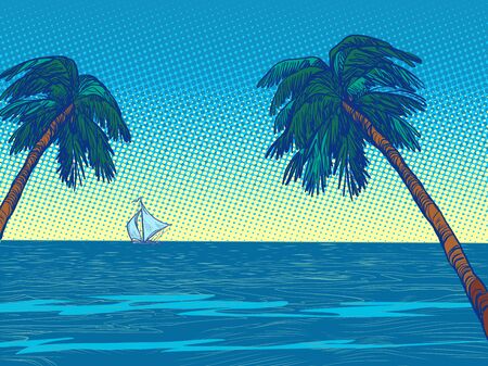 night beach resort palm trees sea. Pop art retro vector illustration vintage kitsch 50s 60s styleのイラスト素材