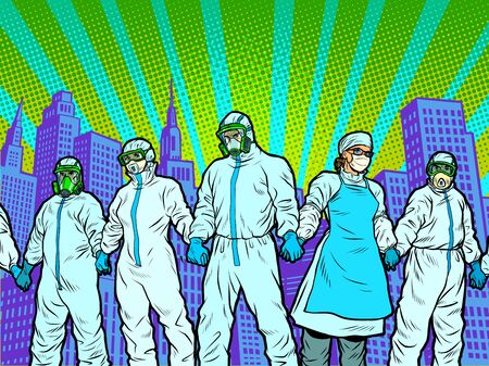 The epidemic concept. Doctors protect the city. Pop art retro vector illustration 50s 60s styleのイラスト素材