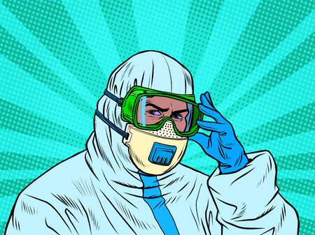 A doctor in a full protective suit during an epidemic. Mask and gloves. Pop art retro vector illustration 50s 60s styleのイラスト素材