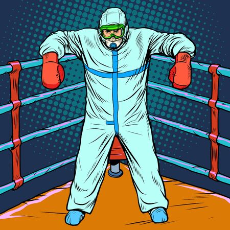 doctor man in protective suit after the battle. Treatment as a Boxing concept, epidemic. chemical biological or radiation contamination. Pop art retro vector illustration vitch vintage 50s 60s styleのイラスト素材