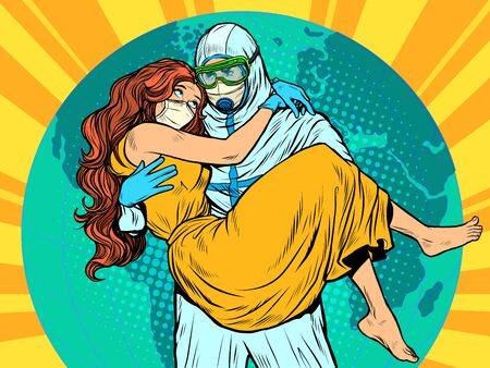 doctor man in protective suit saved a woman, epidemic. chemical biological or radiation contamination. Pop art retro vector illustration vitch vintage 50s 60s styleのイラスト素材