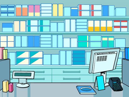 Pharmacy store background. Pop art retro vector illustration 50s 60s styleのイラスト素材