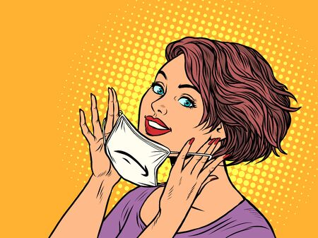 woman puts on a medical mask. Pop art retro vector illustration vitch vintage 50s 60s styleのイラスト素材