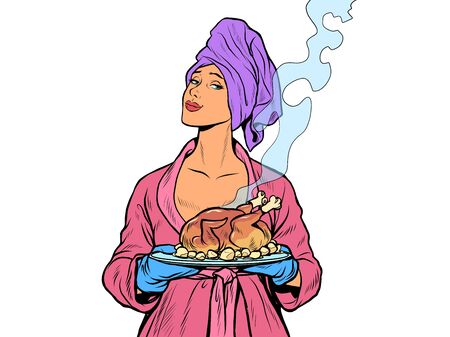 Woman with ready fried poultry chicken duck. isolate on a white background. Pop art retro vector illustration kitsch vintage 50s 60s styleのイラスト素材