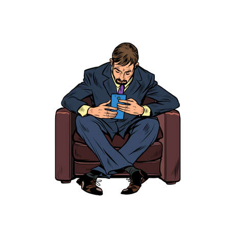 A male businessman uses a smartphone. Pop art retro illustration kitsch vintage 50s 60s styleのイラスト素材