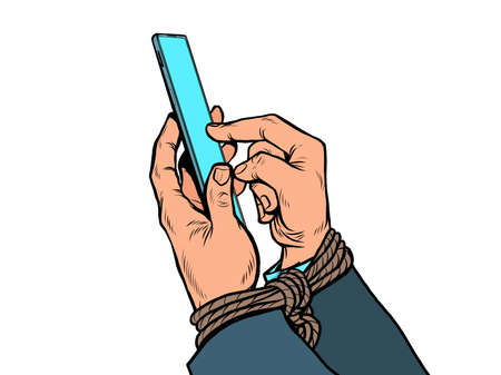 Men hands with a smartphone. Tied hands. Internet addictionのイラスト素材