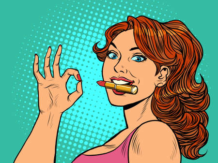 a woman with lipstick. OK gesture. Fashionable beautiful woman. Perfumeryのイラスト素材