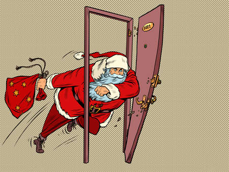 Santa Claus is kicking down the door in 2021. New year and Christmasのイラスト素材