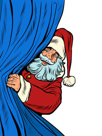 Santa Claus looks out from behind the curtain. Christmas backgroundのイラスト素材