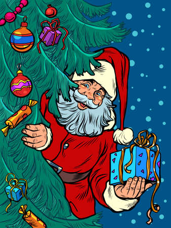 Santa Claus looks out from behind the tree. Christmas backgroundのイラスト素材