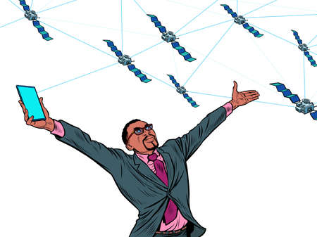 Black businessman and global satellite Internet. Isolate on a white backgroundのイラスト素材