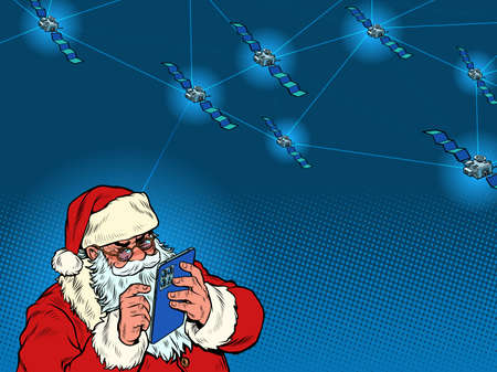 Santa Claus with an electronic tablet and global satellite Internetのイラスト素材
