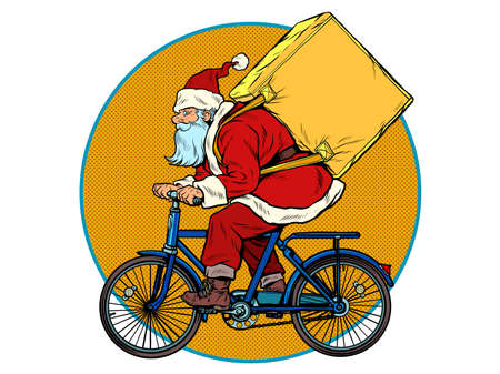 Christmas delivery of gifts and purchases. Santa Claus courier on a Bicycleのイラスト素材