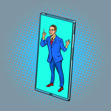 businessman speaker lecturer at a conference call via mobile phone screen. Online educationのイラスト素材