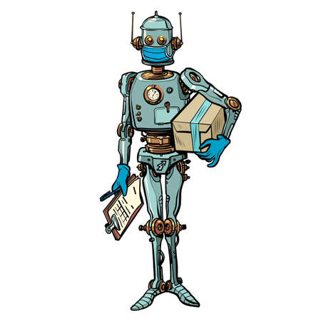 Robot courier in a medical mask, safe delivery in quarantineのイラスト素材