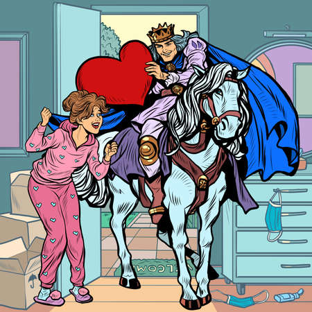 Valentines Day. A prince in love on a white horse galloped to a beautiful womanのイラスト素材
