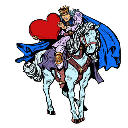 Valentines Day. A prince in love on a white horse with a red heartのイラスト素材