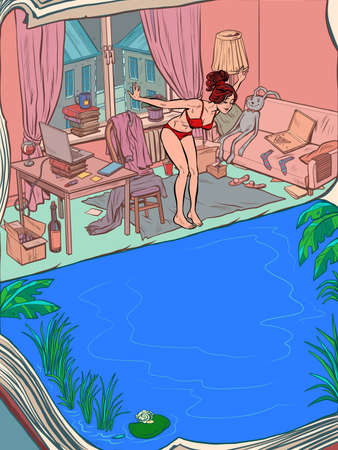 Young woman bathing at home in the pool. Home quarantine and sea holidaysのイラスト素材