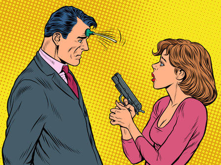 the woman pointed the gun suction Cup joke at the man. spies, agents and detectivesのイラスト素材
