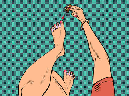 a man paints his toenails. Pop art retro illustrationのイラスト素材