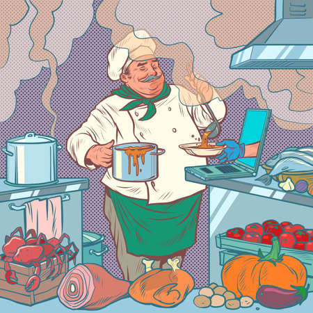 male chef prepares food, online delivery Pop art retro illustrationのイラスト素材