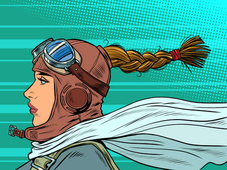 retro female pilot with scarf. military aviation. a girl at warのイラスト素材
