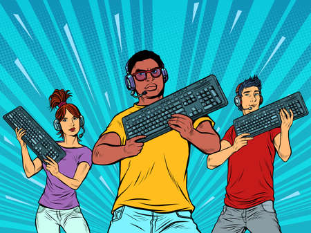 professional gamers with a keyboard. Computer games industry. black guy in the foregroundのイラスト素材