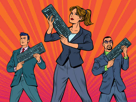 businessmen with a computer keyboard. Internet business. Advanced PC User. woman in the foregroundのイラスト素材