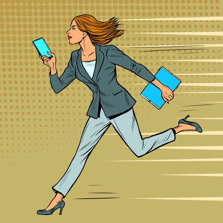 a businesswoman runs with a smartphone. Modern woman at workのイラスト素材