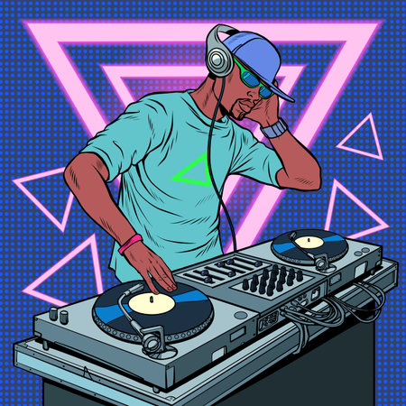 Black man dj on vinyl turntables. concert music performance neon retro styleのイラスト素材