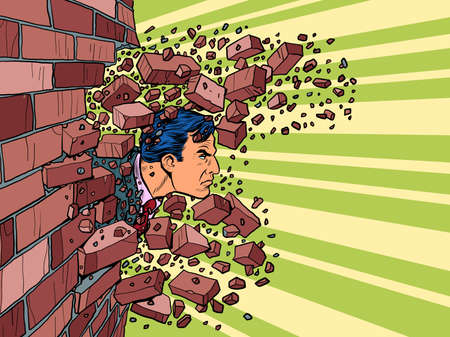 Businessman breaks through a brick wall. The will to overcome obstaclesのイラスト素材