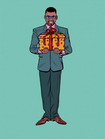 Gift box with a red ribbon on a pop art background. A black man in a suit. A holiday surprise, a purchase. Christmas, birthday or weddingのイラスト素材
