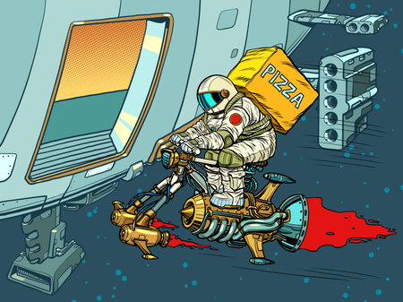 An astronaut courier delivers pizza to the spacecraft. Food Scienceのイラスト素材
