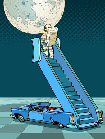 The astronaut on the plane ramp was going to go into space. Huge Moon and Humanityのイラスト素材